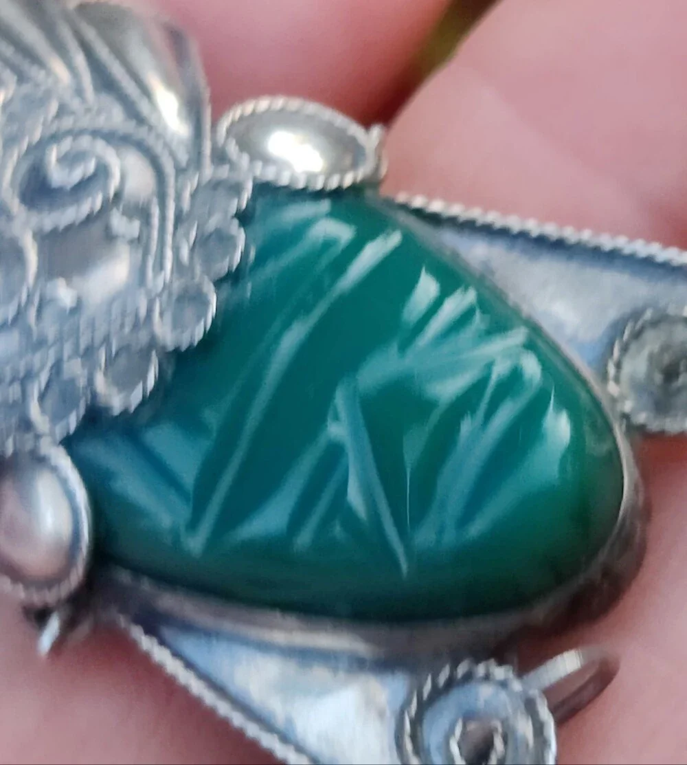 Large Vintage Sterling Silver Green Onyx Mayan Warrior Brooch